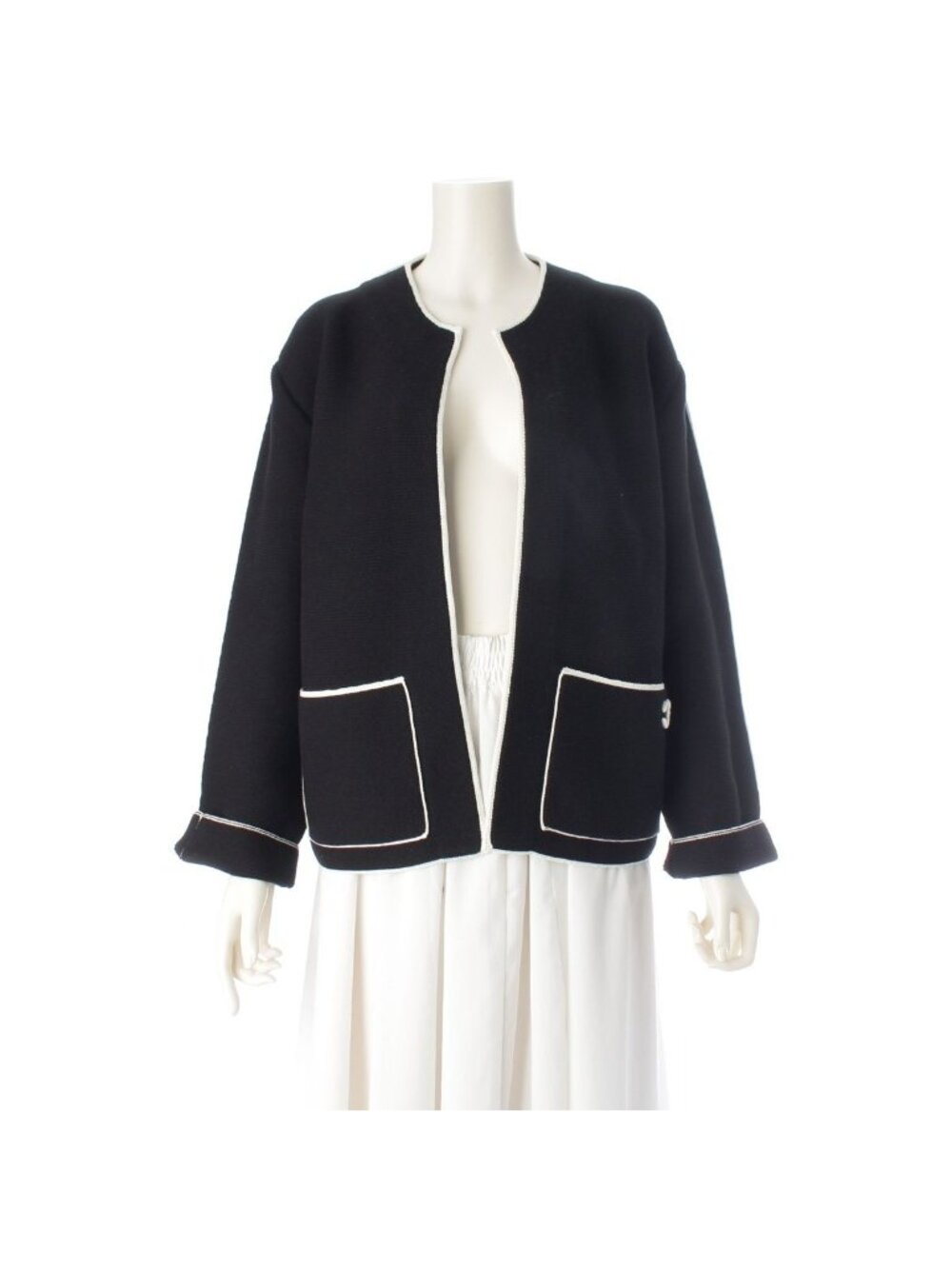 Chanel CC Logo Knit Collarless Jacket Black White 38
